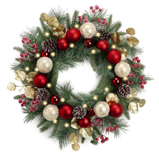 Valery Madelyn 20'' Pre-Lit Christmas Wreath for Front Door with Lights, Lighted  Christmas Door Wreath with Red Gold Xmas Balls Norfolk Pine Branches for Home Porch Fireplace Window Holiday Decor