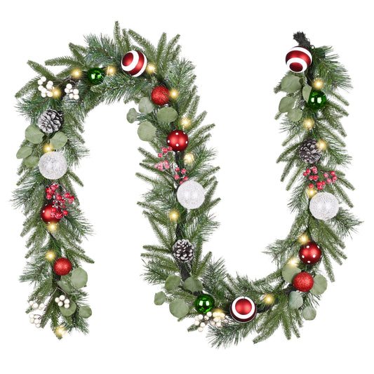 Valery Madelyn 9 Ft Pre-Lit Christmas Garland with Lights for Mantle, Lighted Outdoor Xmas Garland with Red Green White Balls Norfolk Pine for Stairs Fireplace Table Centerpiece Indoor Holiday Decor