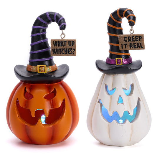 Valery Madelyn Cute Halloween Pumpkin Decorations with Lights, Medium Set of 2 Resin Halloween Figurines White and Orange Statues with Witch Hat for Indoor Outdoor Home Table Party Decor, 5.7Inch Tall