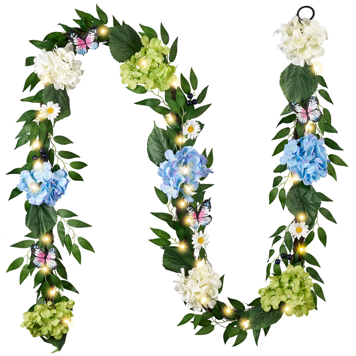 Valery Madelyn 9FT Spring Summer Garland with Lights for Mantle, Blue Green White Hydrangeas Flower Garland with Eucalyptus Leaves Butterfly for Home Table Centrepiece Stairs Wedding Party Decorations