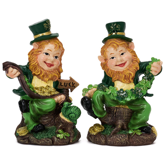 Valery Madelyn St Patricks Day Leprechaun Figurines, Pair of Whimsical Irish Decor with Shamrocks and Luck Sign, Mini Green Resin St Patricks Gnome Gifts for Home Or Office Table Tiered Tray Decor