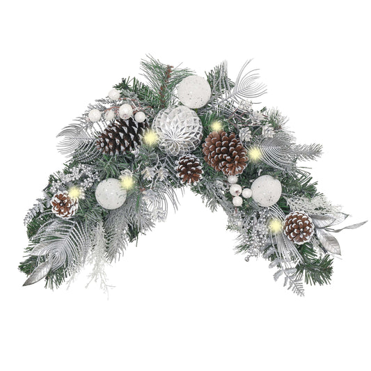 Valery Madelyn Pre-Lit Christmas Swag for Decorating Outdoor, 24 Inch Sliver White Mailbox Swag Decoration Teardrop with 20 LED Lights, Ball Ornaments for Front Door Stairway Window Shelf Xmas Decor