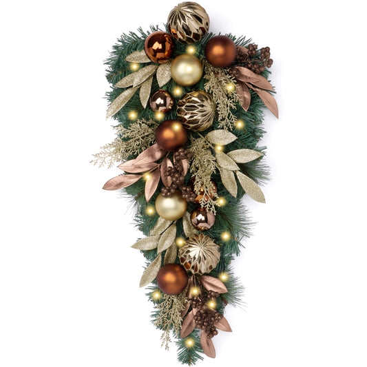 Valery Madelyn Pre-Lit Fall Teardrop Swag for Decorating Outdoor, 24'' Mailbox Swag Decoration with 20 LED Light, Bronze Copper Gold Ball Ornament Ribbon for Front Door Stairway Window Autumn Decor