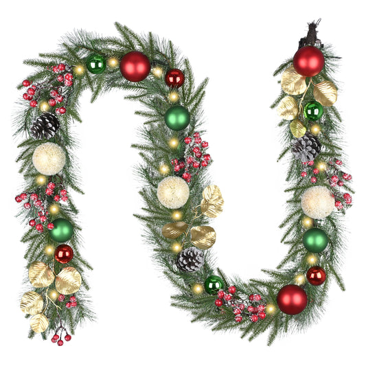 Valery Madelyn 9 Ft Pre-Lit Christmas Garland with Light for Mantle, Lighted Outdoor Xmas Garland with Red Green Gold Ball Norfolk Pine for Home Stairs Fireplace Table Centerpiece Indoor Holiday Decor