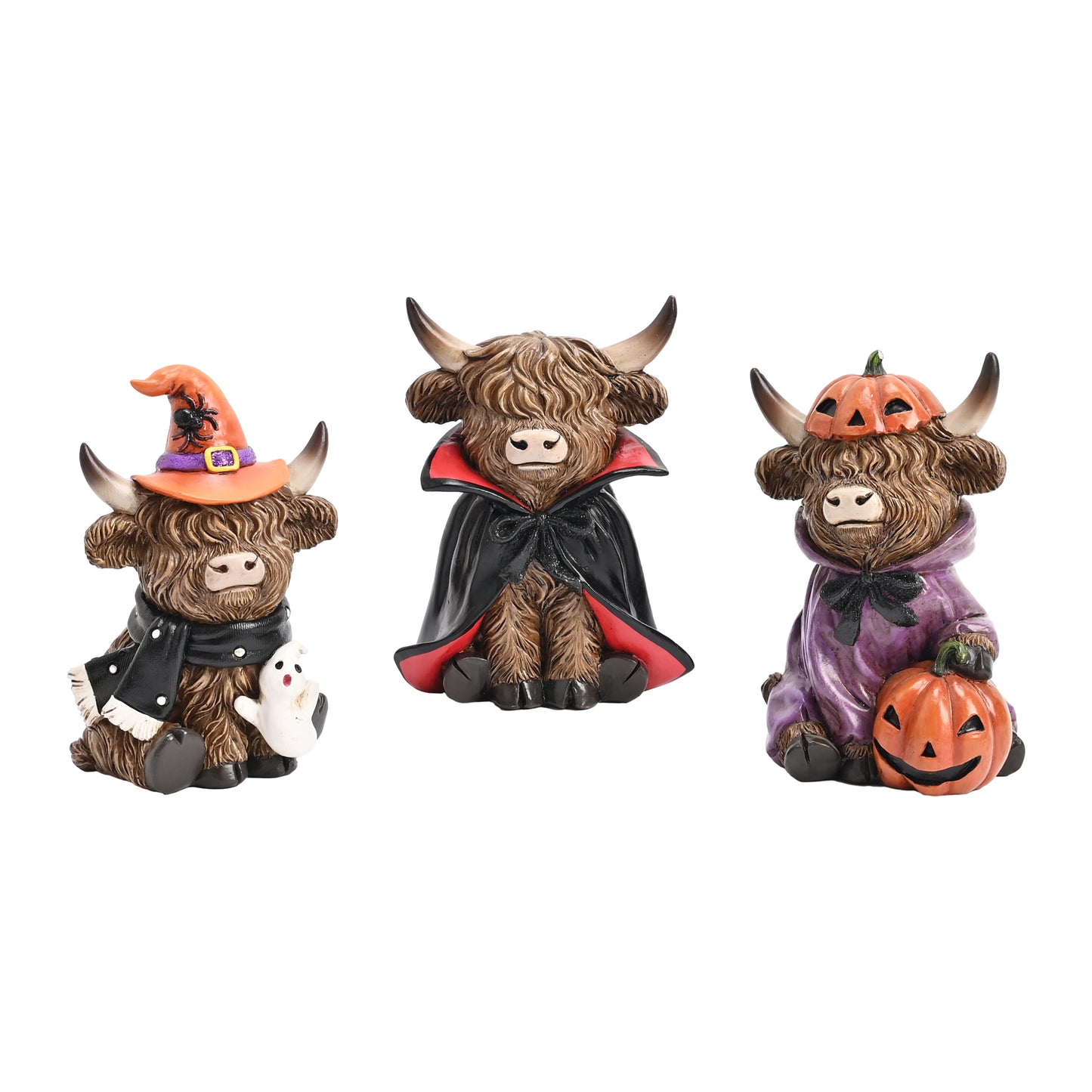 Valery Madelyn Halloween Decor Indoor, 3 Pcs Resin Highland Cow Decor for Home, Halloween High Mountain Yak Figurines Ghost Vampire Witch Hat Jack o Latern Pumpkin for Table Tiered Tray Porch, 4"