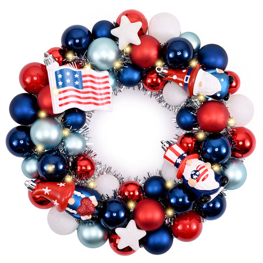 Valery Madelyn 4th of July Ball Wreaths for Front Door,Red White Blue Patriotic Wreath with Lights, American Decorations for Memorial Day,13'