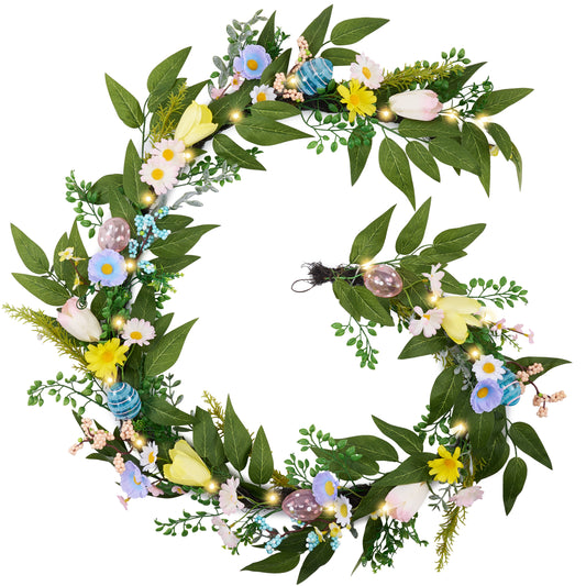 Valery Madelyn 6FT Pastel Easter Egg Garlands for Mantle with Lights, Artificial Colorful Spring Floral Garland with Daisy Flowers for Home Window Wall Holiday Party Easter Decoration Gift