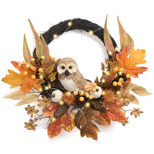 Valery Madelyn Fall Wreaths for Front Door Outside, 18" Fall Door Wreath with Lights Cute Owl for Harvest Decor, Autumn Maple Leaves Outdoor Decorations for Home Porch Halloween Thanksgiving Decor-EG1301-0060