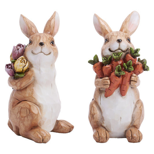 Valery Madelyn Easter Bunny Decorations, Medium 2Pcs Couple Rabbit Figurines, Cute Resin Bunny Statues with Flowers and Carrots, Spring Holiday Tabletop Centerpieces, Home Tiered Tray Decor