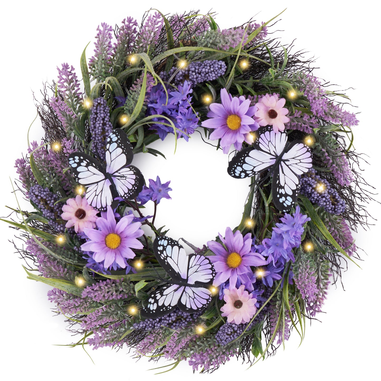 Valery Madelyn Summer Lavender Wreaths for Front Door with Lights, Artificial Spring Floral Wreath with Purple Bellflower Berries Butterfly for Fall Home Porch Window Party Wedding Wall Decor-18''