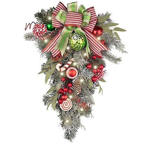 Valery Madelyn Pre-Lit Christmas Teardrop Swag for Decorating Outdoor, 24 Inch Red Green White Elf Mailbox Swag Decoration with 20 LED Lights, Ball Ornaments for Front Door Stairway Window Shelf Xmas