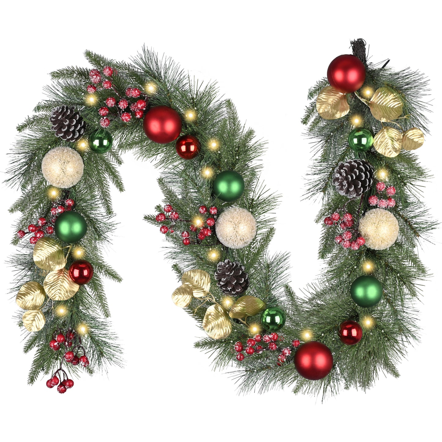 Valery Madelyn 6 Ft Pre-Lit Christmas Garland with Light for Mantle, Lighted Outdoor Xmas Garland with Red Green Gold Ball Norfolk Pine for Home Stairs Fireplace Table Centerpiece Indoor Holiday Decor