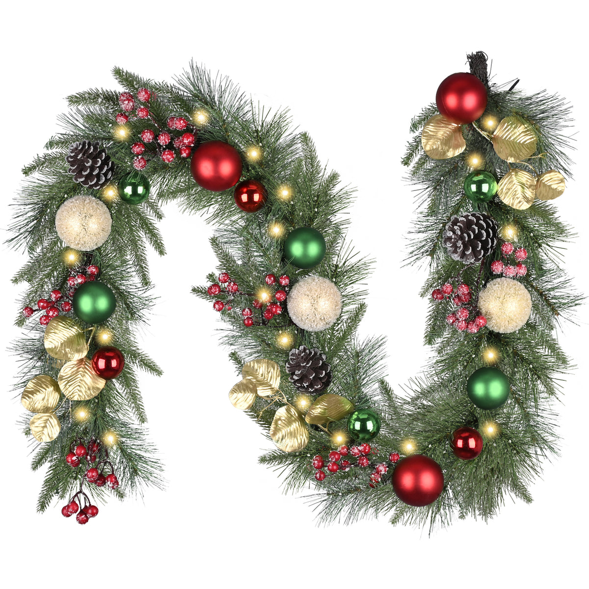 Valery Madelyn 6 Ft Pre-Lit Christmas Garland with Light for Mantle, Lighted Outdoor Xmas Garland with Red Green Gold Ball Norfolk Pine for Home Stairs Fireplace Table Centerpiece Indoor Holiday Decor