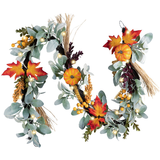 Valery Madelyn Fall Leaves Garlands for Mantle, 5ft Silk Lambs Ear Pumpkins Garland with Lights Maple Thanksgiving Table Centerpiece, Outdoor Fall Decorations for Autumn Halloween Home fireplace Decor-EG1303-0030