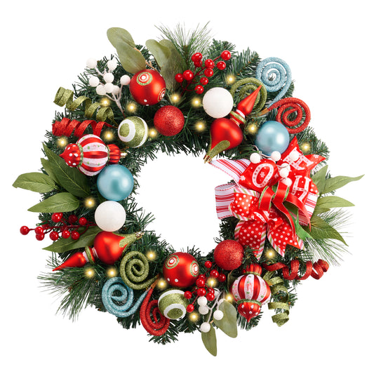 Valery Madelyn 18'' Pre-Lit Christmas Wreath for Front Door with Lights, Lighted Christmas Door Wreath with Multi-colored Balls & Bow for Home Porch Fireplace Window Holiday Party Wall Decor