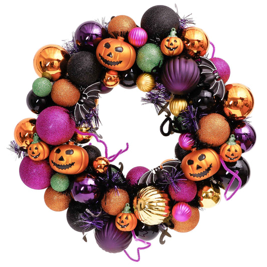 Valery Madelyn Halloween Decorations Indoor for Home, Pre-Lit Pumpkin Ball Wreath with 60ct Shatterproof Treat-or-Trick Ornaments for Centerpiece Wall Front Door, 20 Inch