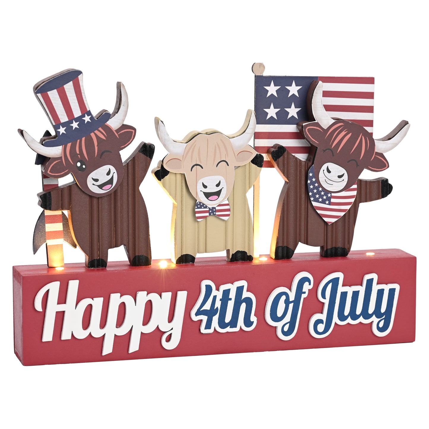 Valery Madelyn 4th of July Decorations with LED Light, Lighted Patriotic Highland Cow Decor, Wooden Americana Sign for Memorial Day Independence Day Labor Veteran Day Indoor, 12 inch
