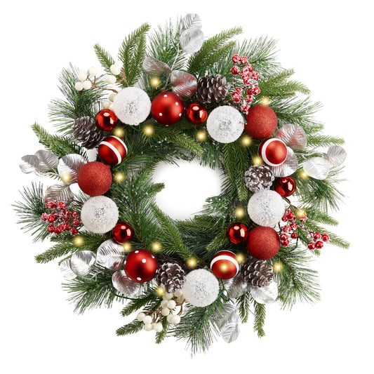 Valery Madelyn 20'' Pre-Lit Christmas Wreath for Front Door with Light, Lighted  Christmas Door Wreath with Red White Xmas Ball Norfolk Pine Branches for Home Porch Fireplace Window Holiday Decor