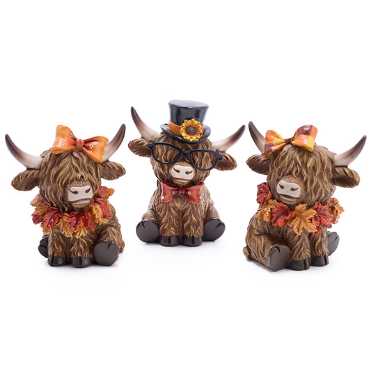Valery Madelyn Fall Decor Highland Cow Decor, 3Pcs High Mountain Yak Figurines, Autumn Thanksgiving Halloween Harvest Decirations for Table Centerpieces Shelf Tiered Tray, 4.5 inch
