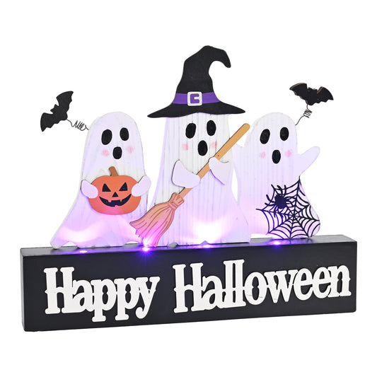 Valery Madelyn Halloween Decorations with Purple LED Lights, Lighted Halloween Ghost Decor, Tabletop Sign with Witch Hat Broom Bats Jack O Lantern for Home Party Indoor, 12 Inch