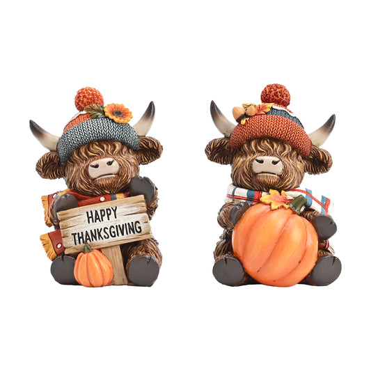 Valery Madelyn Fall Decorations for Home, 2 Pcs Thanksgiving Highland Cow Pumpkin Decor for Table Indoor Outdoor, Resin Fall Decor Sunflower Garden Figurines for Autumn Harvest Porch Tiered Tray, 5"