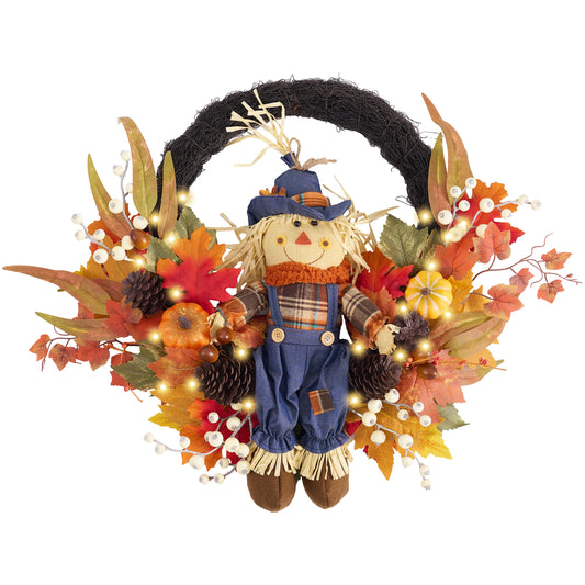Valery Madelyn 24" Collapsible Fall Wreaths for Front Door, Artificial Scarecrow Doll Wreath with LED Lights Pumpkins for Autumn Decor, Harvest Halloween Decorations for Home Porch Thanksgiving
