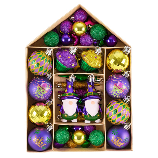 Valery Madelyn 50Pcs Christmas Ball Ornaments for Mardi Gras, Gnome Decorations for Christmas Tree, Purple Green Gold Cupcake Baubles Hanging Ornaments for Xmas Holiday Party Indoor Home Decor