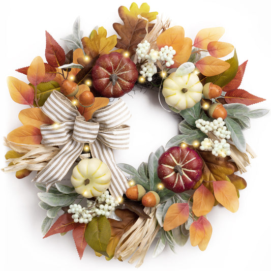 Valery Madelyn Fall Wreaths for Front Door Outside, 18'' Farmhouse Autumn Door Wreath with Lights Brown Pumpkins Bow, Outdoor Fall Decorations for Home Porch Thanksgiving Harvest Table Centerpiece-EG1301-0066