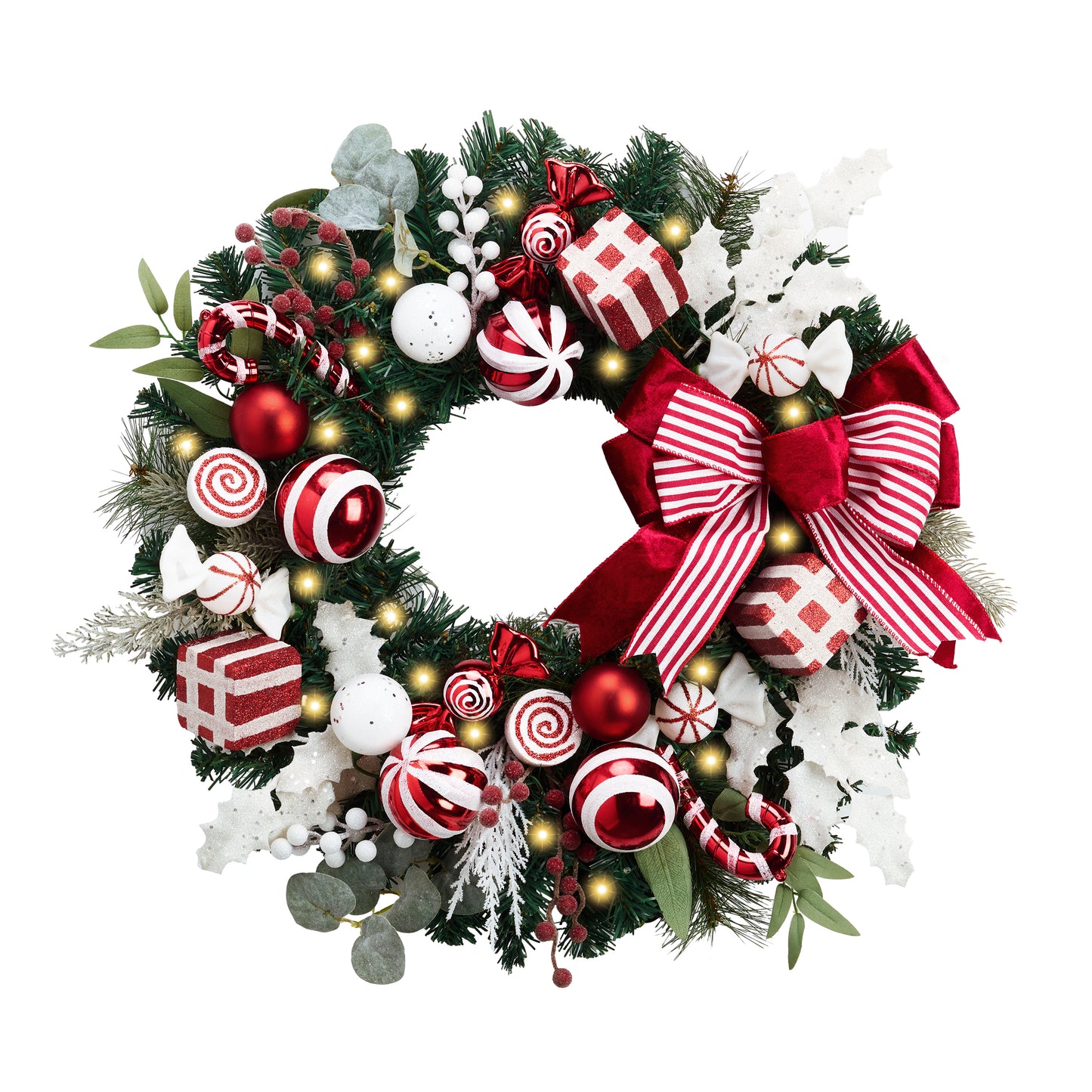 Valery Madelyn 24'' Pre-Lit Christmas Wreath for Front Door with Lights, Large Lighted Outdoor Christmas Wreath with Red White Xmas Balls & Bow for Home Porch Fireplace Window Holiday Wall Decor