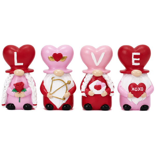 Valery Madelyn Valentines Day Decorations, 4 Pcs Mini Love Gnomes Tiered Tray Decor, Pink Christmas Ornaments Table Decor XOXO Valentines Resin Gnome Sweet Valentines Day Gifts for Him Her Wedding