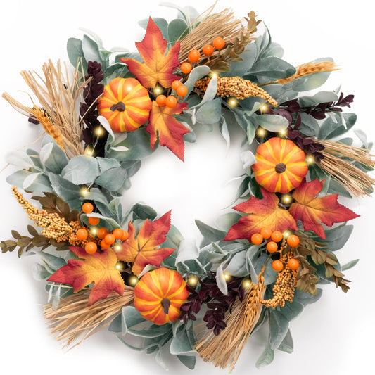 Valery Madelyn 18'' Fall Wreaths for Front Door, Silk Lambs Ear Autumn Door Wreath with Lights Pumpkins Outdoor Fall Halloween Decorations for Home Porch Indoor