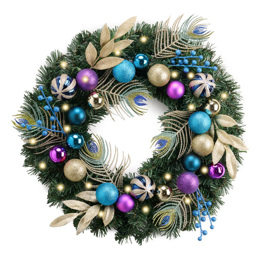 Valery Madelyn 24'' Pre-Lit Christmas Wreath for Front Door with Lights, Lighted Christmas Door Wreath with Peacock Feathers & Balls for Home Porch Fireplace Window Holiday Party Wall Decor