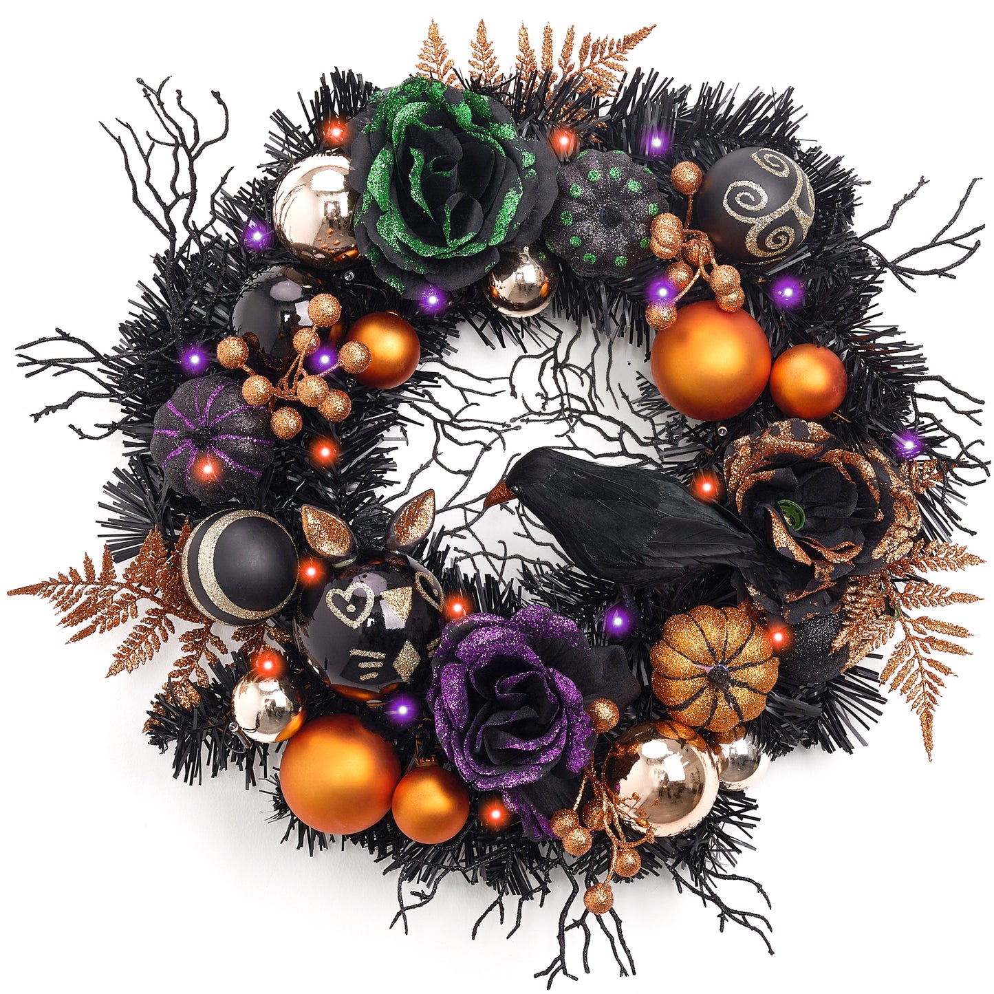 Valery Madelyn Halloween Wreath for Front Door with Lights, 26 Inch Pre-Lit Pumpkin Wreath Crows Halloween Decorations for Home Porch Table Centerpiece Window Indoor Party Holiday Wall Decor