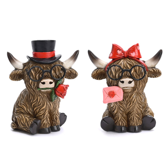 Valery Madelyn Set of 2 Valentines Highland Cow Decor, Cute Romantic Brown Calf Resin Handmade Figurines for Tiered Tray Tabletop Home Decor, Valentines Gifts for Him Her Wedding Anniversary, 3 inch