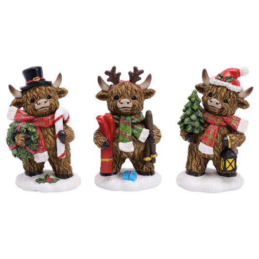 Valery Madelyn Christmas Decor, Christmas Decorations for Home, 3Pcs Highland Cow Resin Decor, Indoor Outdoor Festive Gift Home Tabletop Decirations, 4 inch