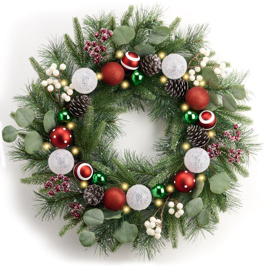 Valery Madelyn 24’ Pre-Lit Christmas Wreath for Front Door with Light, Large Lighted Outdoor Christmas Wreath with Red Green White Xmas Ball Norfolk Pine for Home Porch Fireplace Window Holiday Decor
