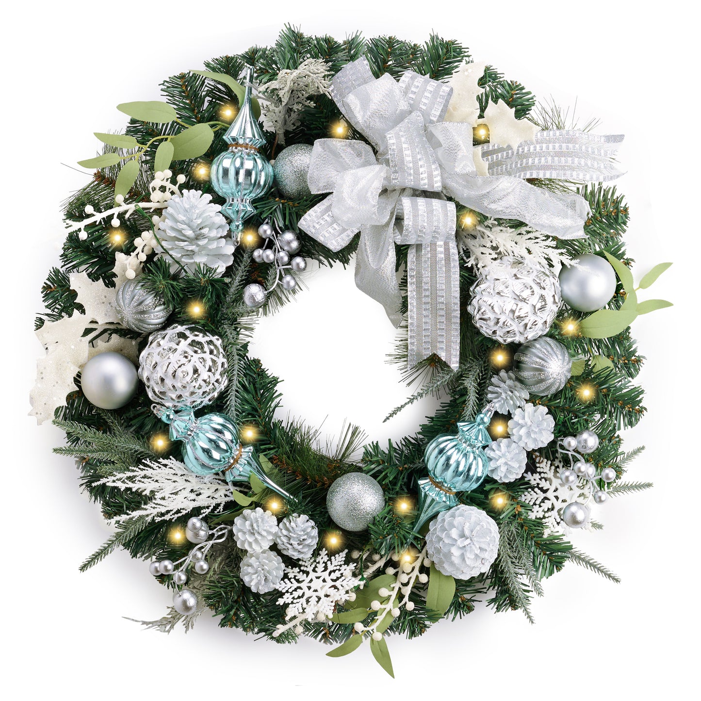 Valery Madelyn 24'' Pre-Lit Christmas Wreath for Front Door with Light, Large Lighted Outdoor Christmas Wreath with Blue Silvery White Xmas Balls for Home Porch Fireplace Window Holiday Party Decor