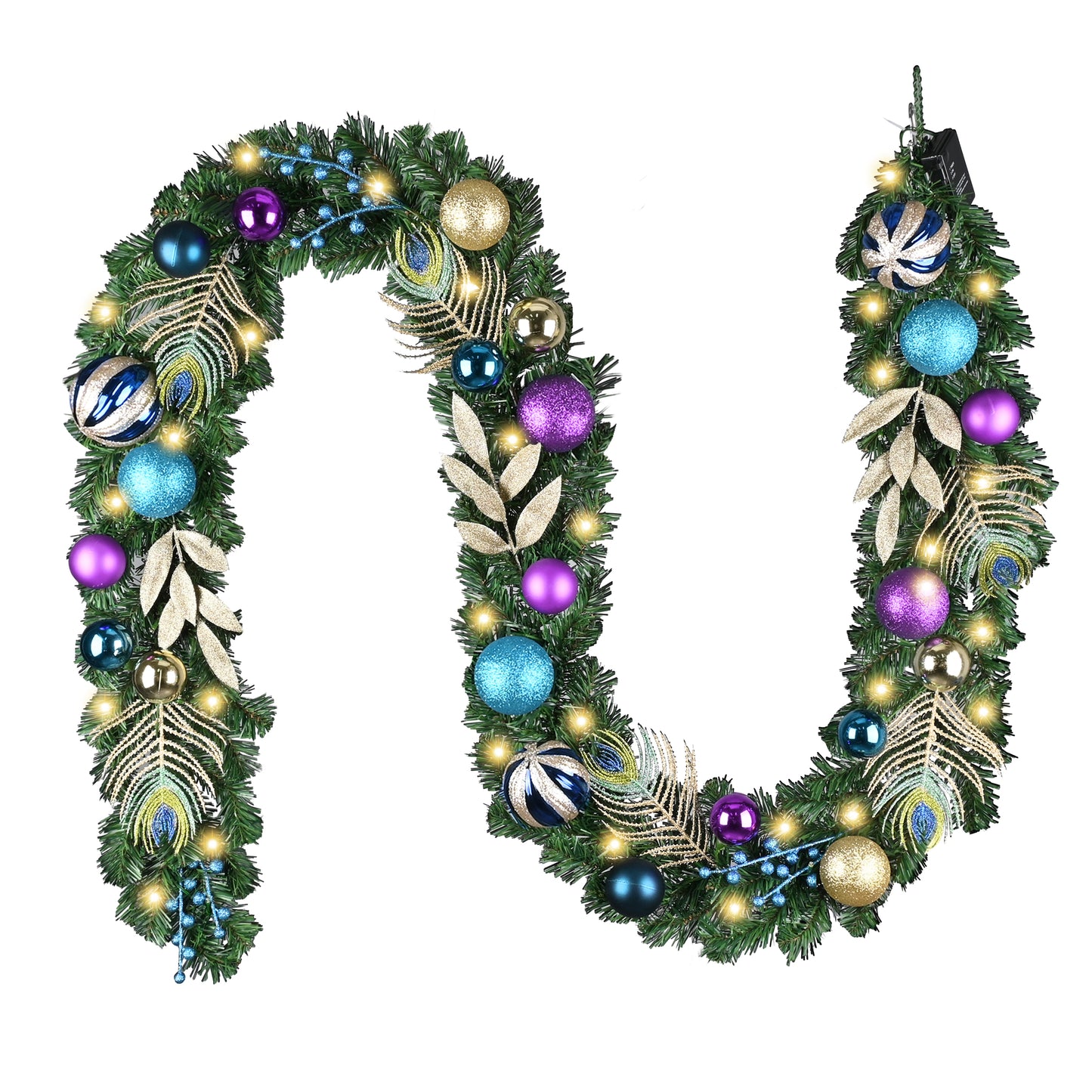 Valery Madelyn 9 Feet Pre-Lit Christmas Garland with Lights for Mantle, Lighted Outdoor Xmas Garland with Peacock Feather & Balls for Home Stairs Fireplace Table Centerpiece Indoor Holiday Party Decor
