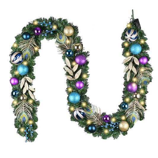 Valery Madelyn 9 Feet Pre-Lit Christmas Garland with Lights for Mantle, Lighted Outdoor Xmas Garland with Peacock Feather & Balls for Home Stairs Fireplace Table Centerpiece Indoor Holiday Party Decor