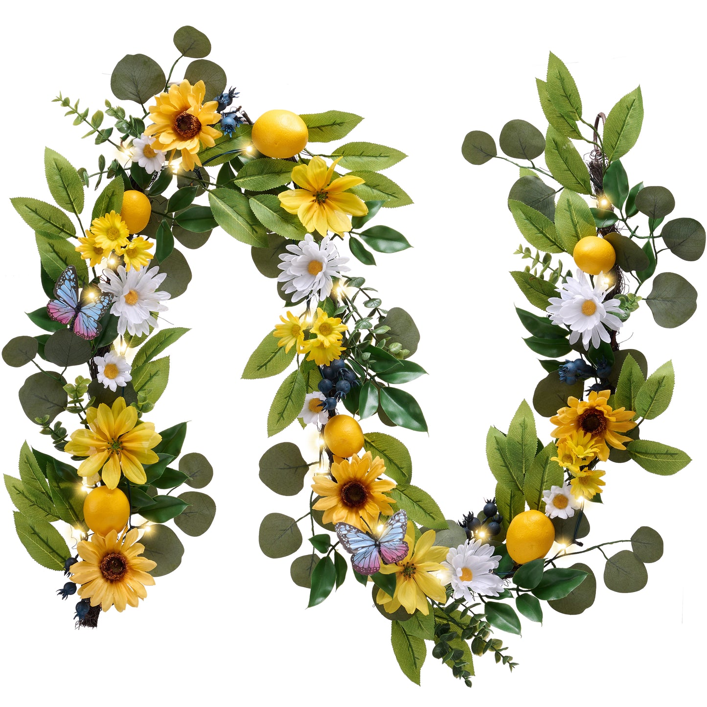 Valery Madelyn Fall Sunflower Lemon Garland for Mantle with Lights, 6 feet Pre-Lit Daisy Floral Garland Decorations for Farmhouse Table Centerpiece Summer Autumn Thanksgiving Indoor Harvest Decor