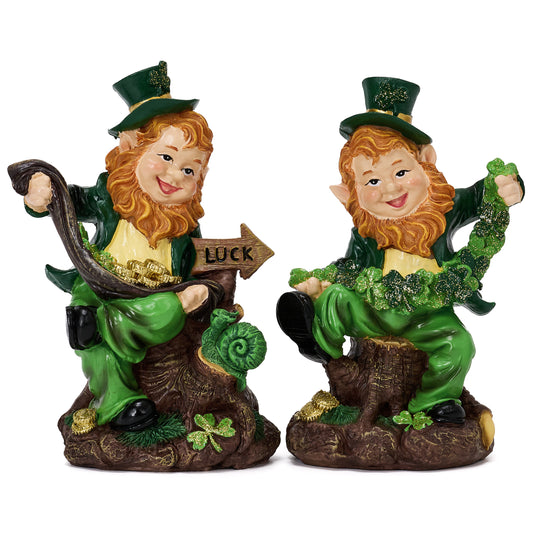 Valery Madelyn St Patricks Day Leprechaun Garden Figurines, 2Ct Irish Tiered Tray Decor with Shamrocks and Luck Sign, Medium Green Resin Gnome Saint Patricks Day Gift Decoration for Table Home Decor