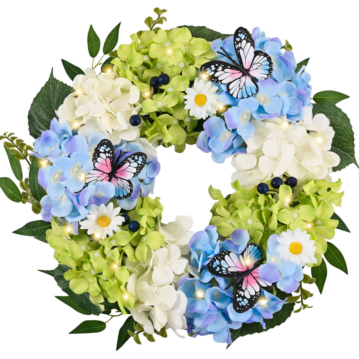 Valery Madelyn Spring Summer Wreaths for Front Door with Lights, Silk Blue Green White Hydrangeas Floral Wreath with Eucalyptus Leaves Butterfly for Home Porch Window Party Wedding Arch Decor-18''