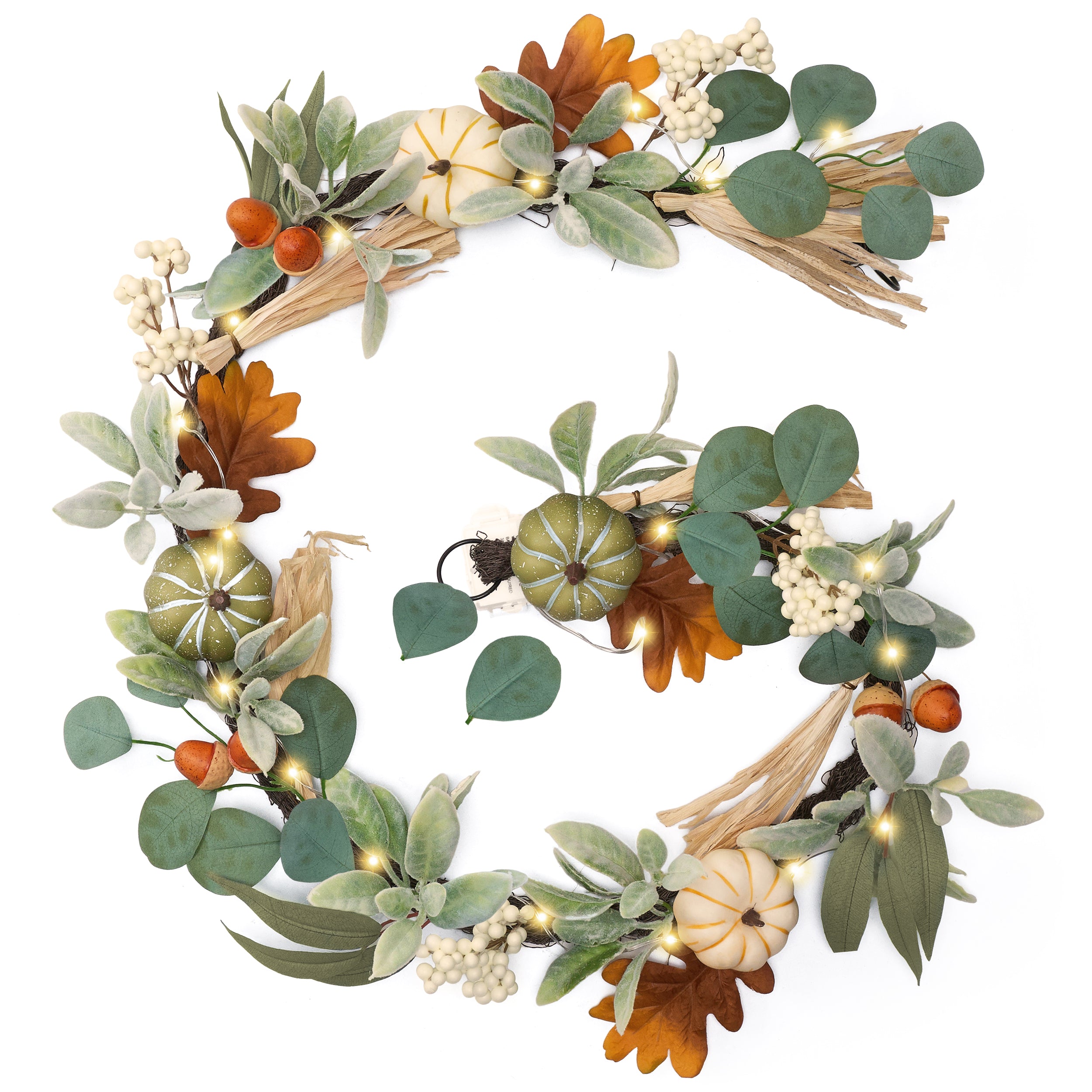 Valery Madelyn 5ft Fall Garland with Lights, Lambs Ear & White Pumpkin for Mantel Table Thanksgiving Decor