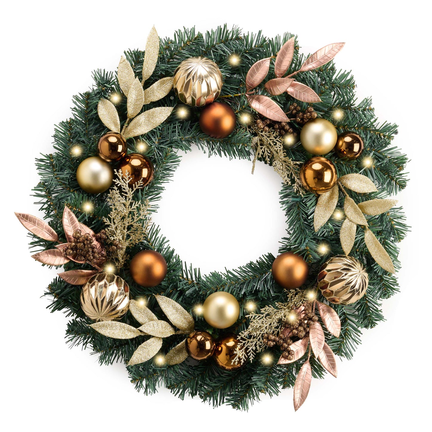 Valery Madelyn 24'' Pre-Lit Christmas Wreath for Front Door with Lights, Large Lighted Outdoor Christmas Wreath with Bronze Copper Gold Balls for Home Porch Fireplace Window Holiday Party Wall Decor