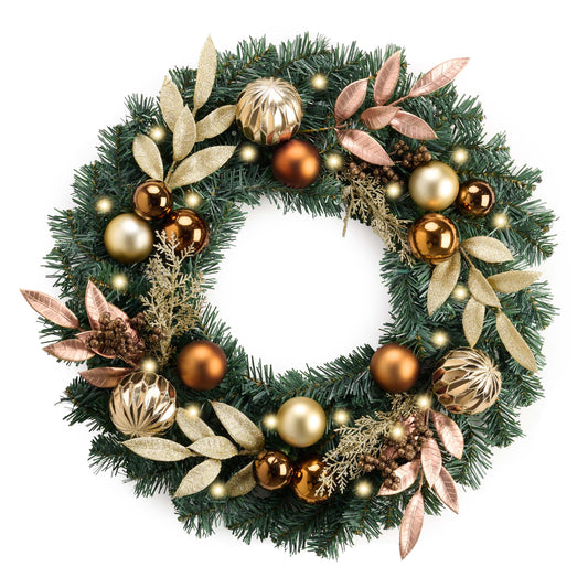Valery Madelyn 24'' Pre-Lit Christmas Wreath for Front Door with Lights, Large Lighted Outdoor Christmas Wreath with Bronze Copper Gold Balls for Home Porch Fireplace Window Holiday Party Wall Decor