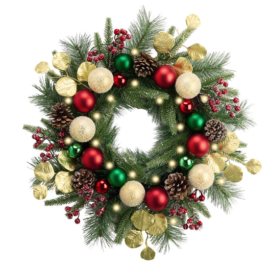 Valery Madelyn 20'' Pre-Lit Christmas Wreath for Front Door with Light, Lighted  Christmas Door Wreath with Red Green Gold Xmas Ball Norfolk Pine Branches for Home Porch Fireplace Window Holiday Decor