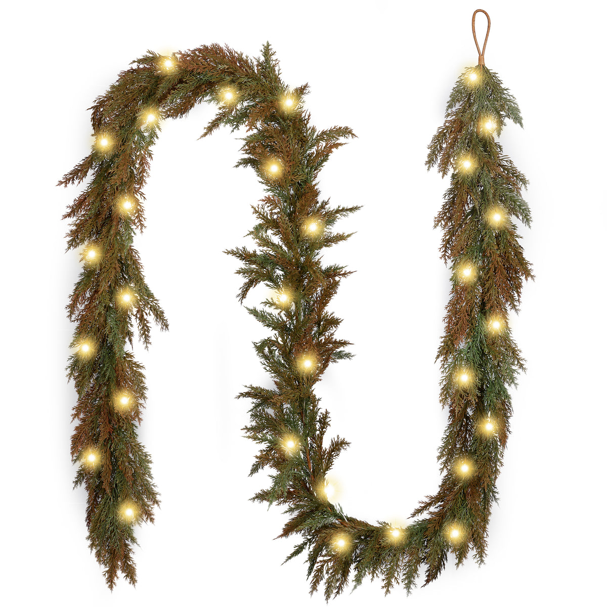 Valery Madelyn 9 Ft Artificial Norfolk Pine Garland for Mantle, Real Tough Fall Cedar Garland with Light, Lighted Autumn Pine Branches for Home Stairs Fireplace Table Indoor Outdoor Holiday Decor