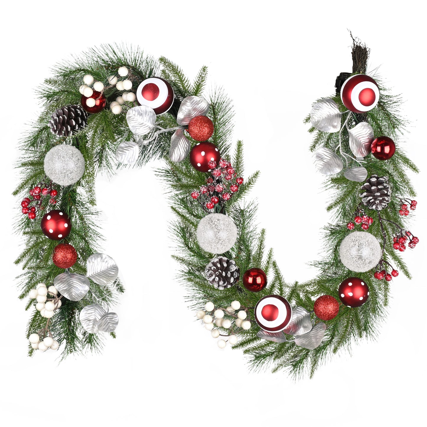 Valery Madelyn 6 Ft Pre-Lit Christmas Garland with Lights for Mantle, Lighted Outdoor Xmas Garland with Red White Balls Norfolk Pine for Home Stairs Fireplace Table Centerpiece Indoor Holiday Decor