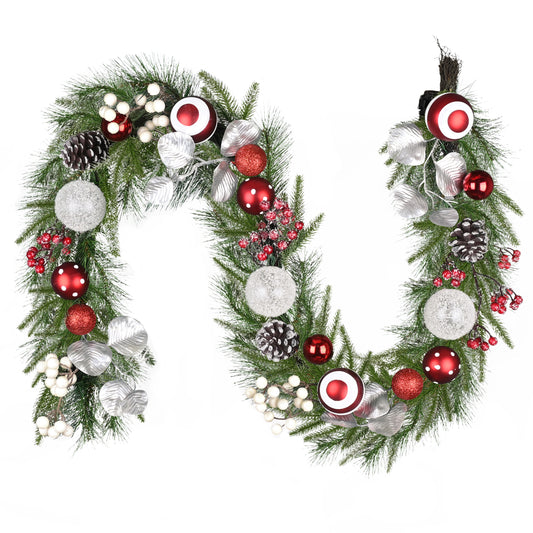 Valery Madelyn 6 Ft Pre-Lit Christmas Garland with Lights for Mantle, Lighted Outdoor Xmas Garland with Red White Balls Norfolk Pine for Home Stairs Fireplace Table Centerpiece Indoor Holiday Decor