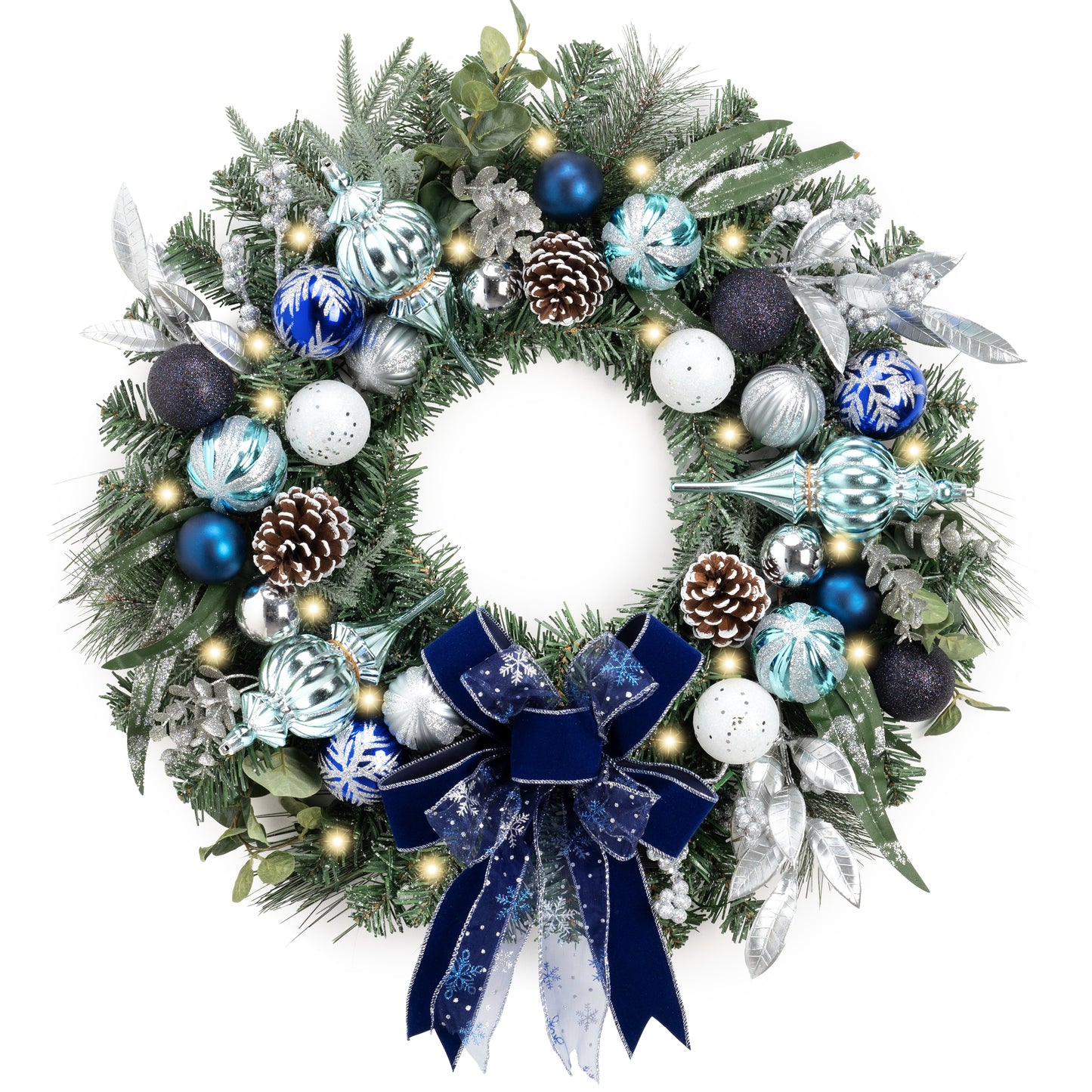 Valery Madelyn 24'' Pre-Lit Christmas Wreath for Front Door with Light, Large Lighted Outdoor Christmas Wreath with Silvery Blue Xmas Balls Ribbons for Home Porch Fireplace Window Holiday Party Decor